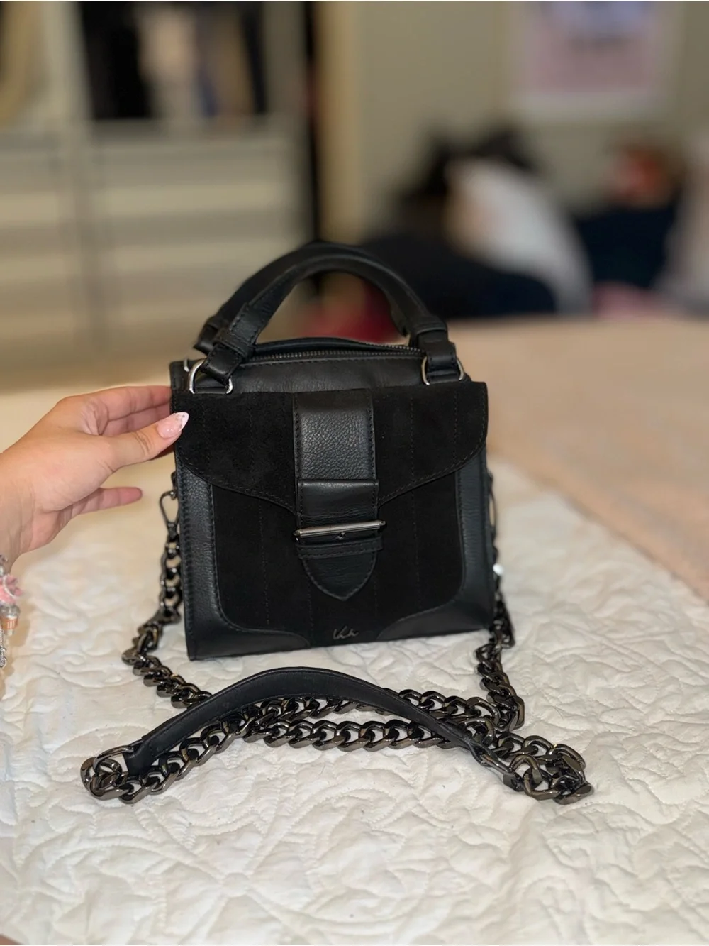 Black Suede Genuine Leather Bag with Black Rhodium Chain